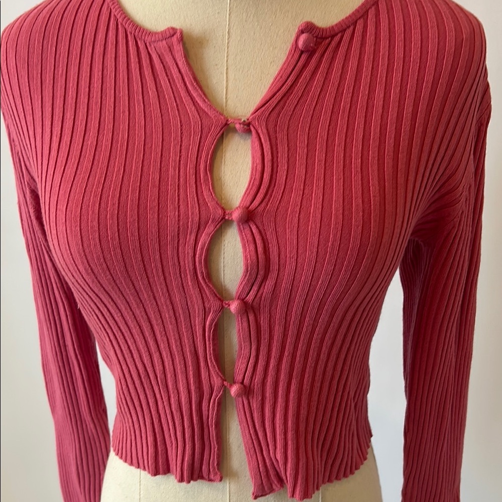 Pink Ribbed Button-Up Cardigan - Picture 4 of 4